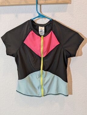 art class Kids Swim Zip Rash Guard in Black, Pink, Mint with Yellow Zipper